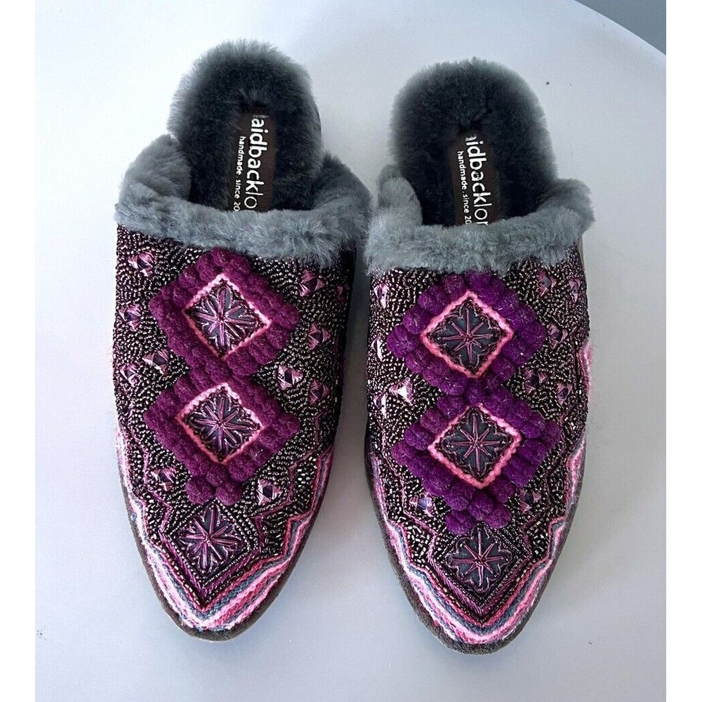 Laid Back London Beaded Slippers Shearling Purple Shoes Aikon 37 / 7 NEW‎